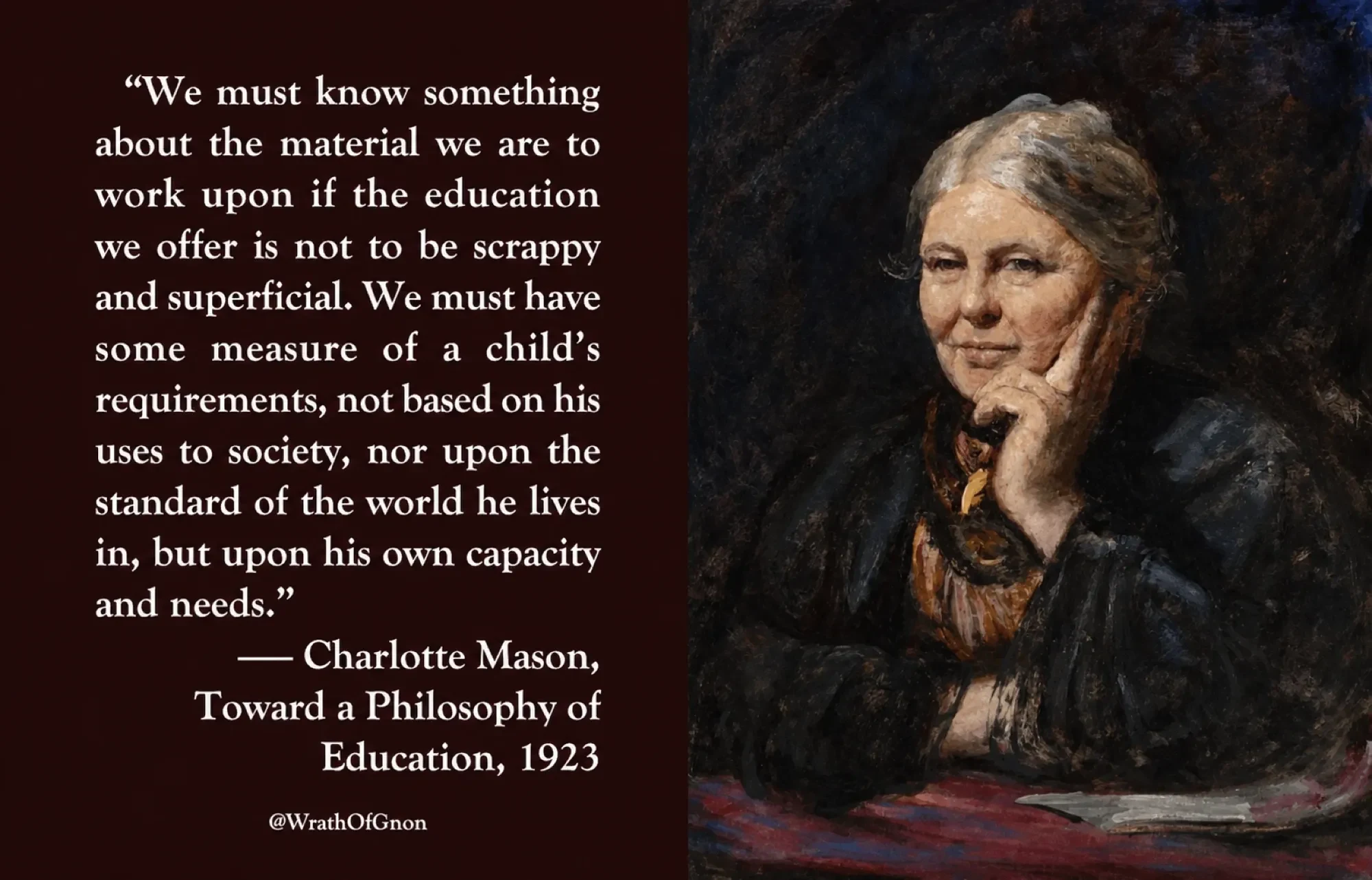 Painting of Charlotte Mason and quote of hers about education